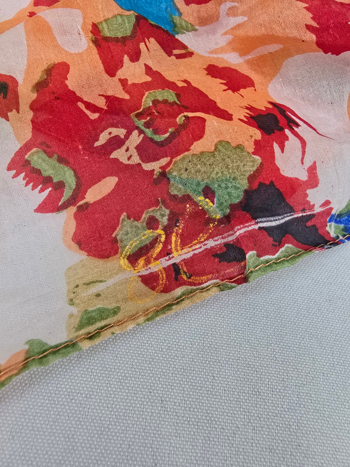 Vintage Silk Blue & Orange Flower Print Square Scarf