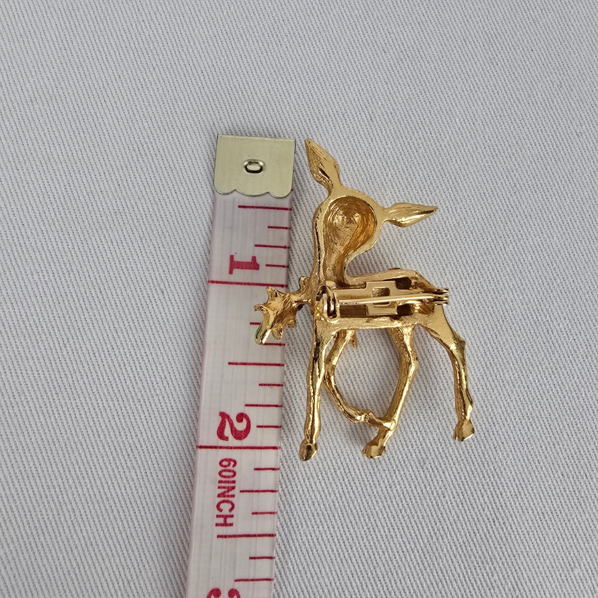 Vintage Deer Pin Gold Tone Fawn Brooch Green Enamel Leaf Rhinestone Eyes Cute