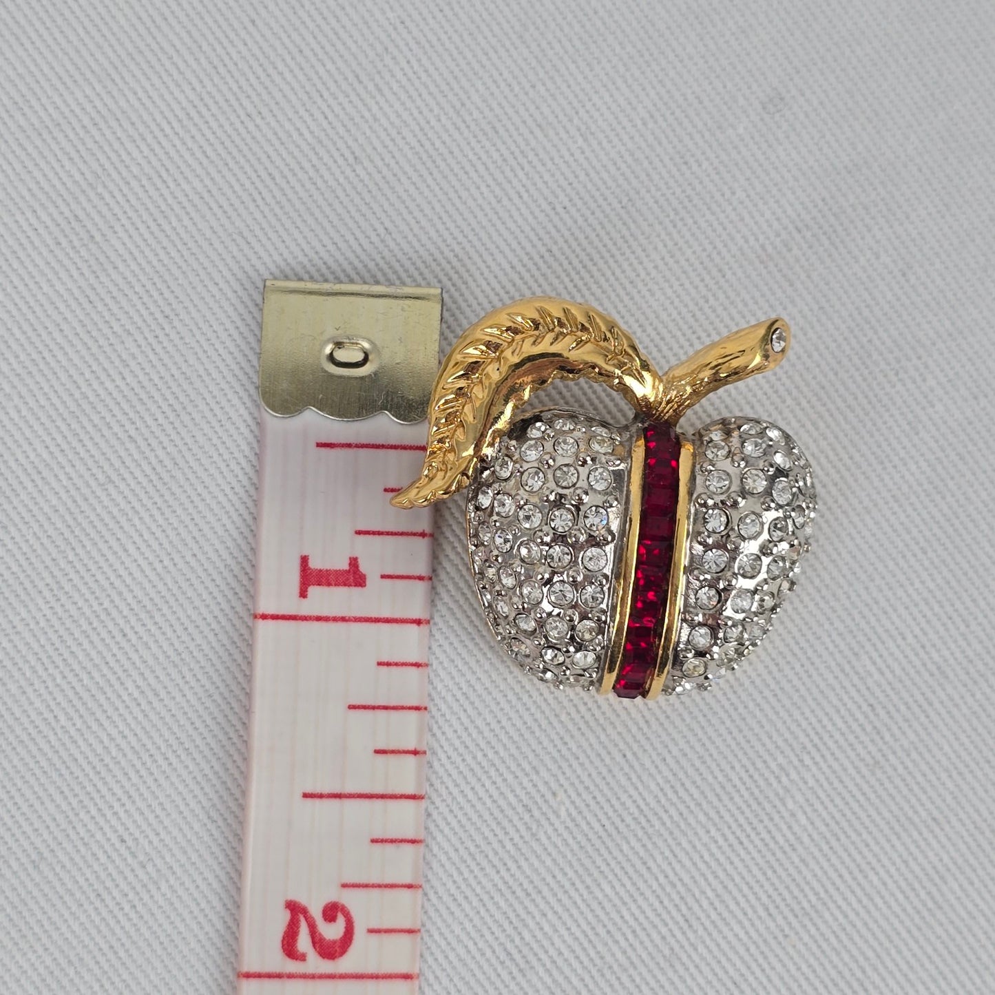 Vintage Butler Apple Brooch Gold Tone Rhinestone Crystal Fruit Pin Red Stripe