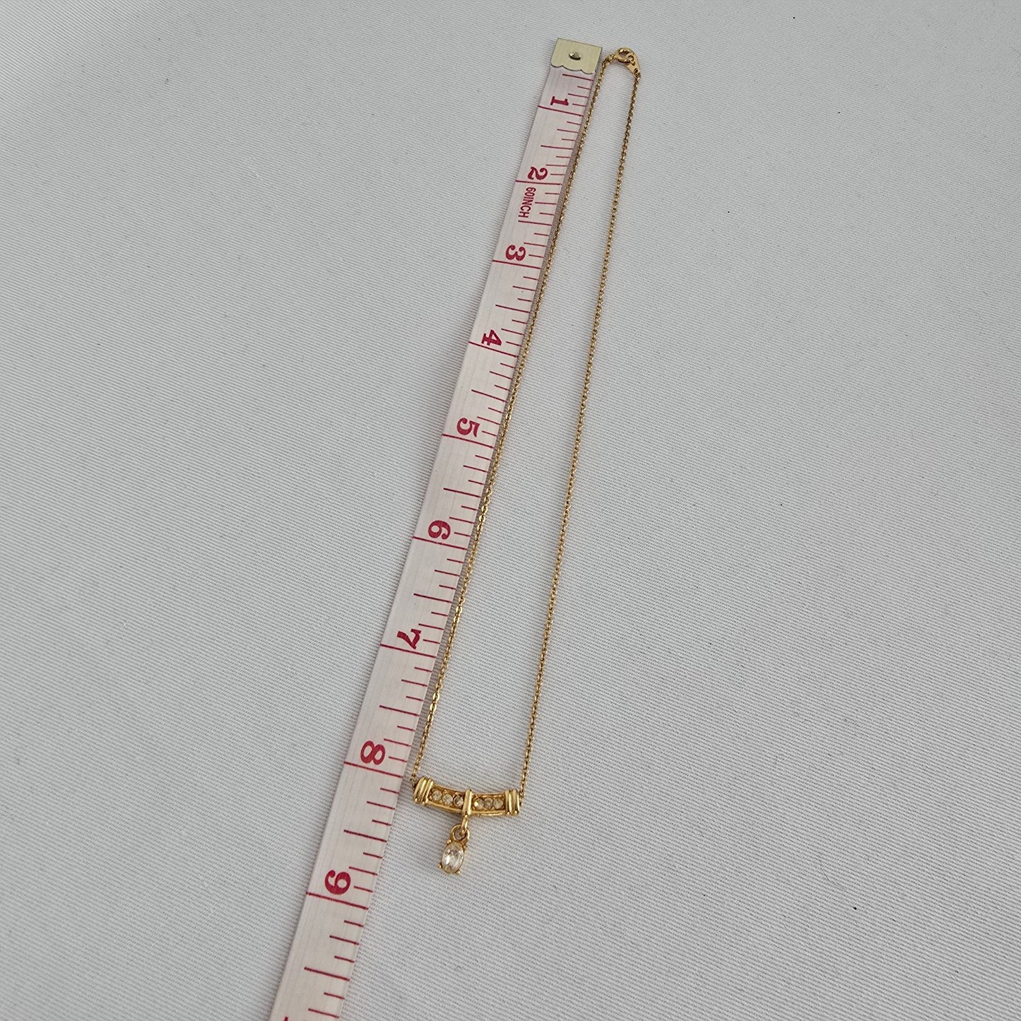 Vintage Gold Tone Bar Necklace Rhinestone Detail Dainty Drop Pendant