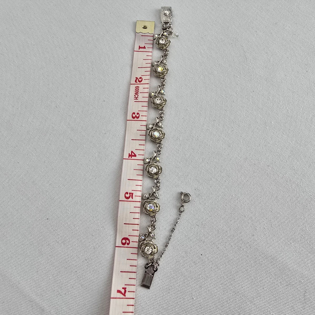 Vintage Silver Tone Floral Crystal Link Bracelet Rhinestone Rose Design