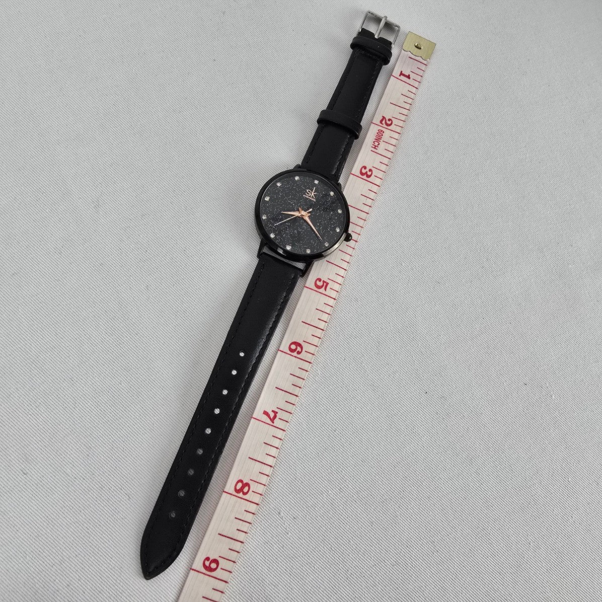 SK Shengke Black Crystal Dial Watch Minimalist Sparkle Face Quartz Leather Strap
