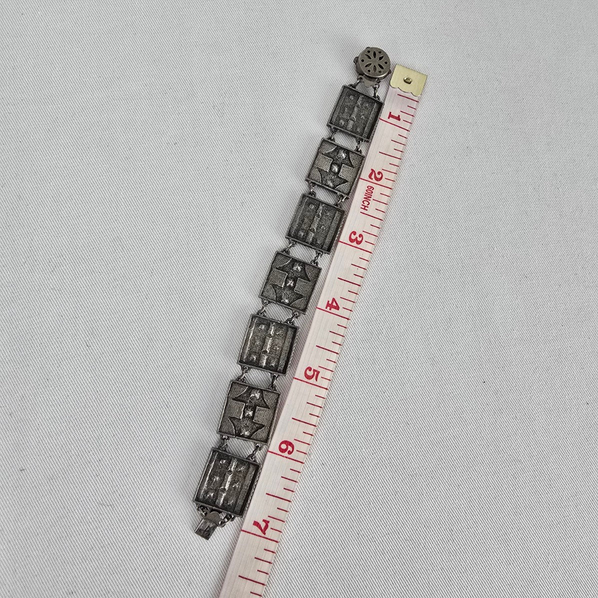 Vintage Panel Bracelet Blue Crystal Glass Mosaic Art Deco Style Silver Tone