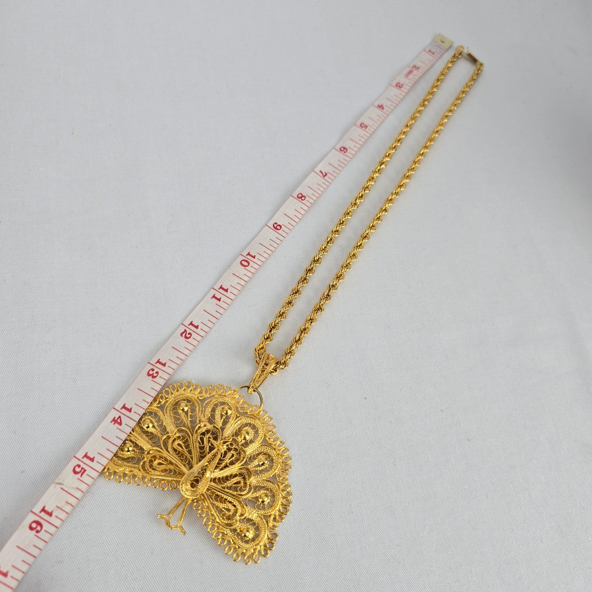 Vintage Gold Tone Filigree Peacock Pendant Necklace Statement Ornate Boho
