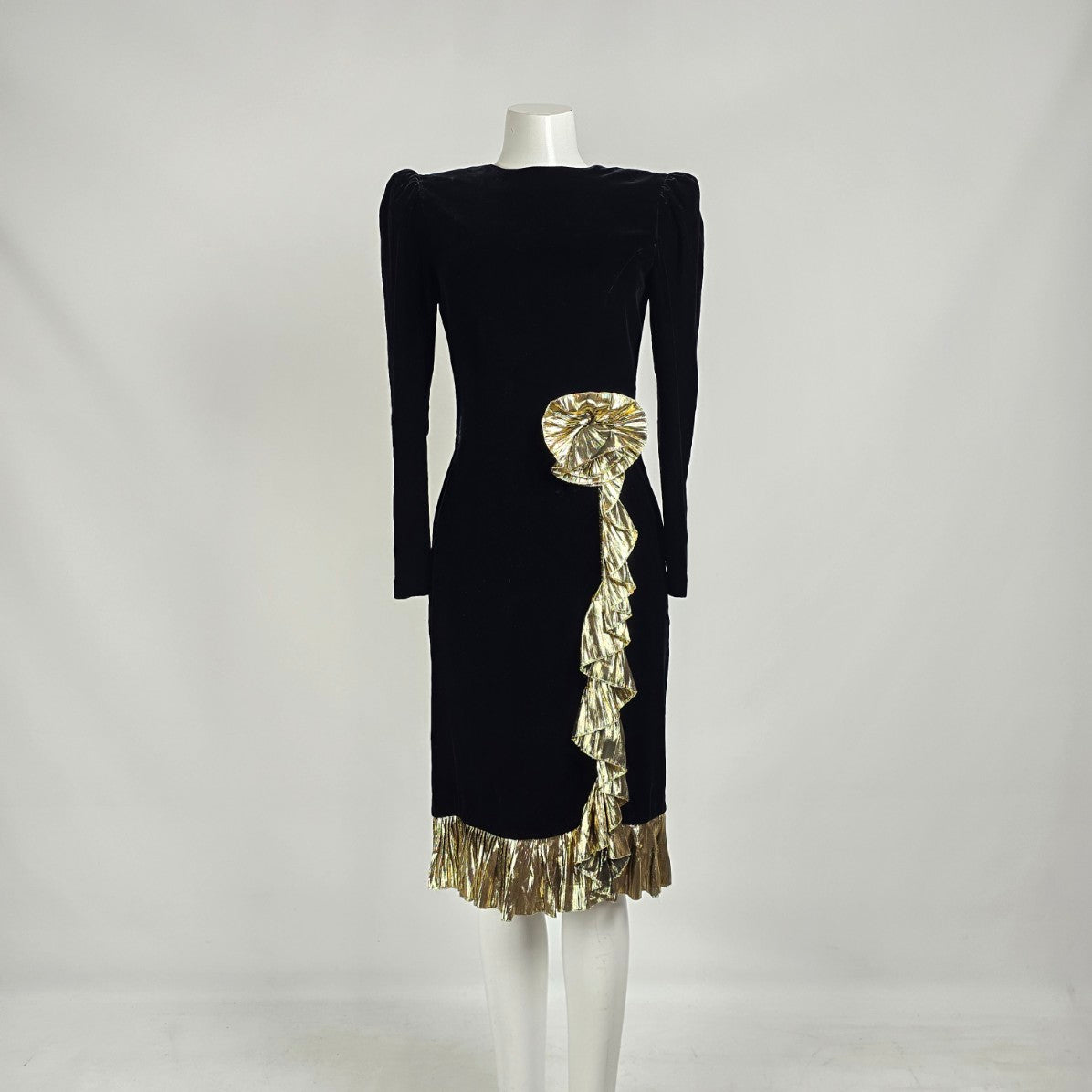 Vintage 80s Maggy London Black Velvet Cocktail Dress Sz 4– Gold Lamé R – DYL Fashions