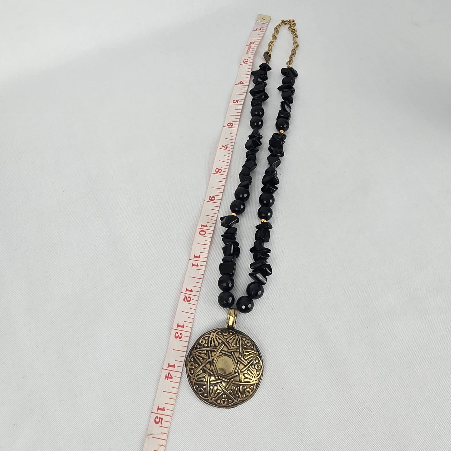 Black Beaded Gold Tone Tribal Medallion Pendant Necklace
