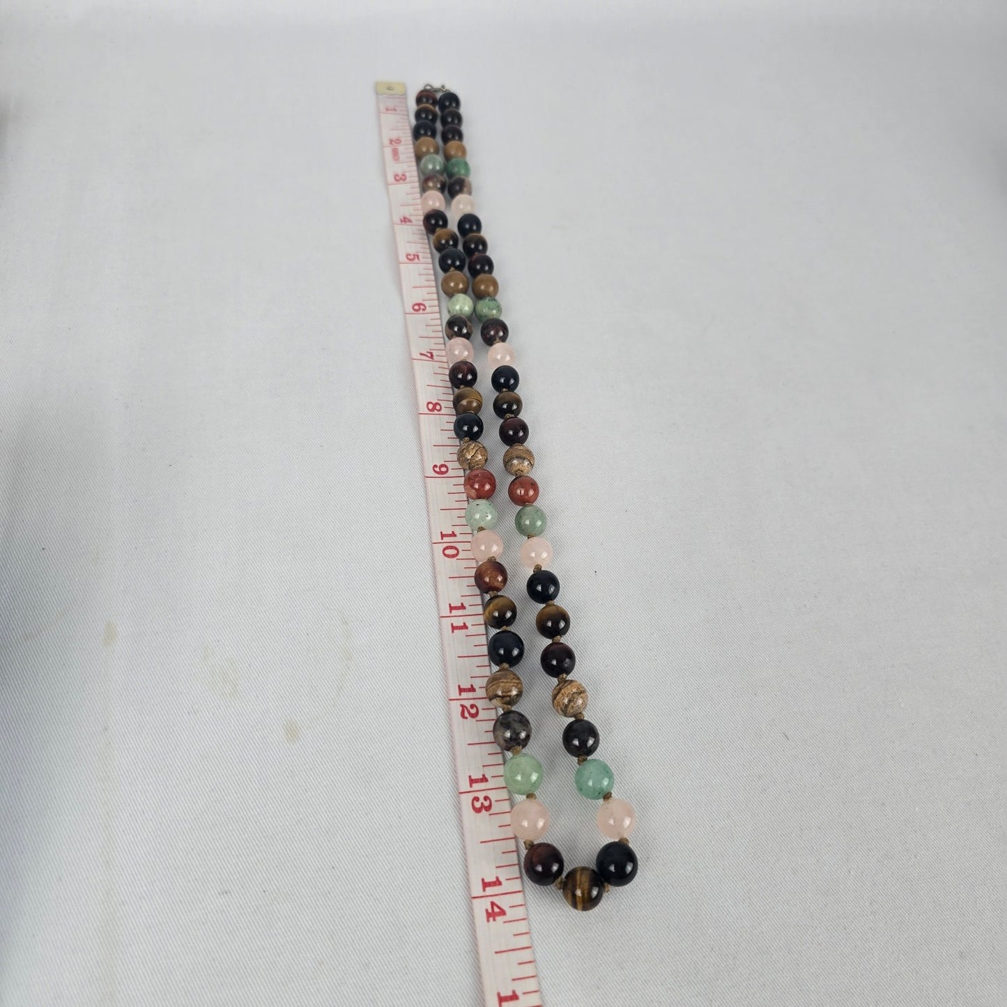 Vintage Mixed Gemstone Beaded Necklace Tiger Eye Rose Quartz Jasper Onyx Style
