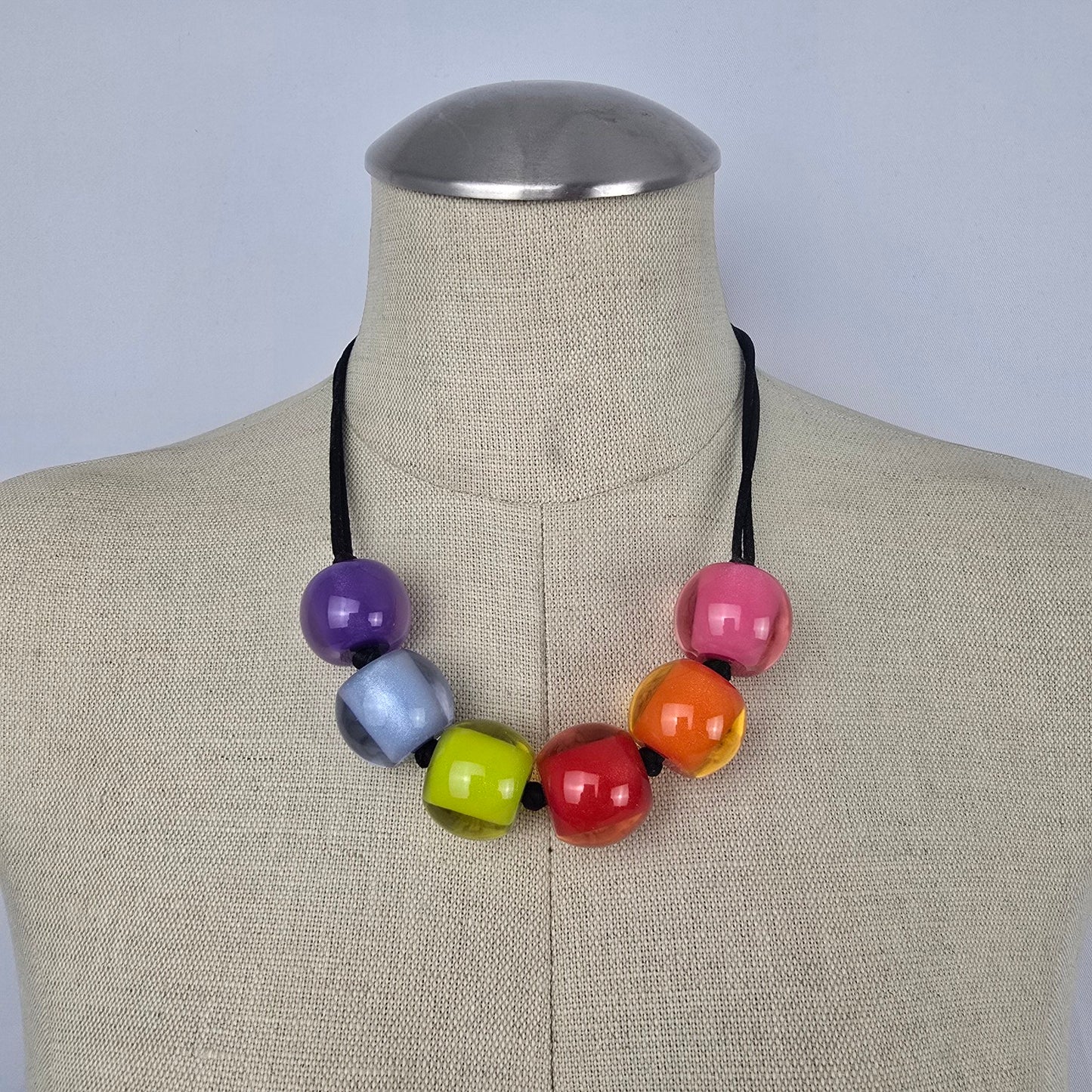 Zsiska Colourful Bead Statement Necklace Black Cord Rainbow Resin Beads adjustable