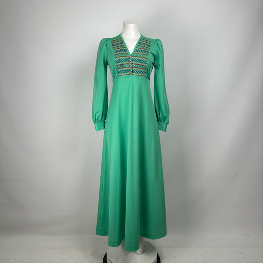 Vintage Nu Mode Green Long Sleeve Maxi Dress Size XS
