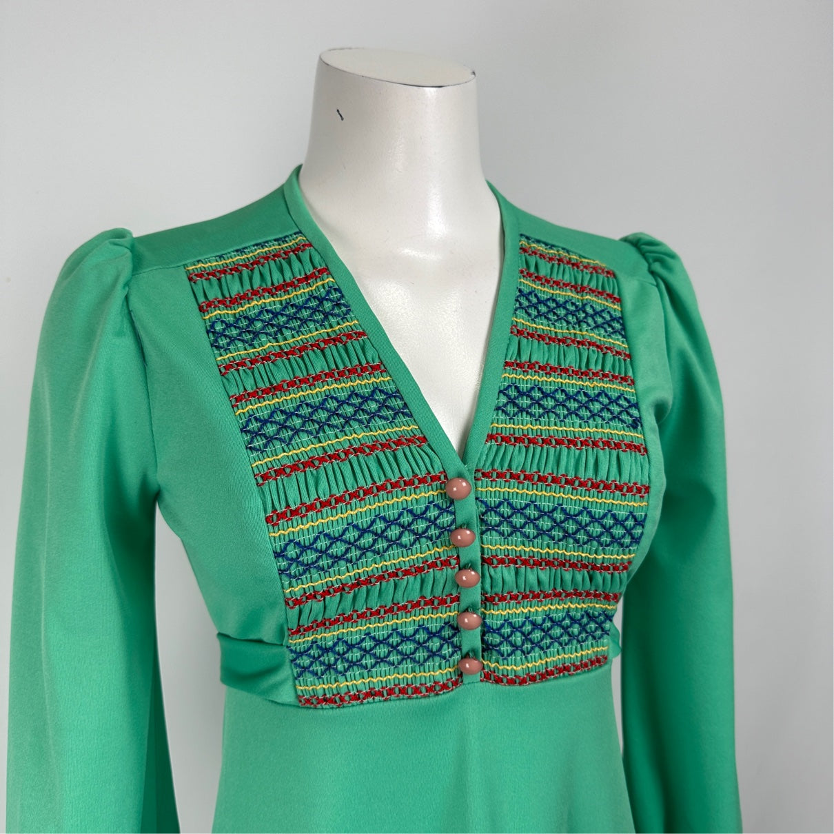 Vintage Nu Mode Green Long Sleeve Maxi Dress Size XS