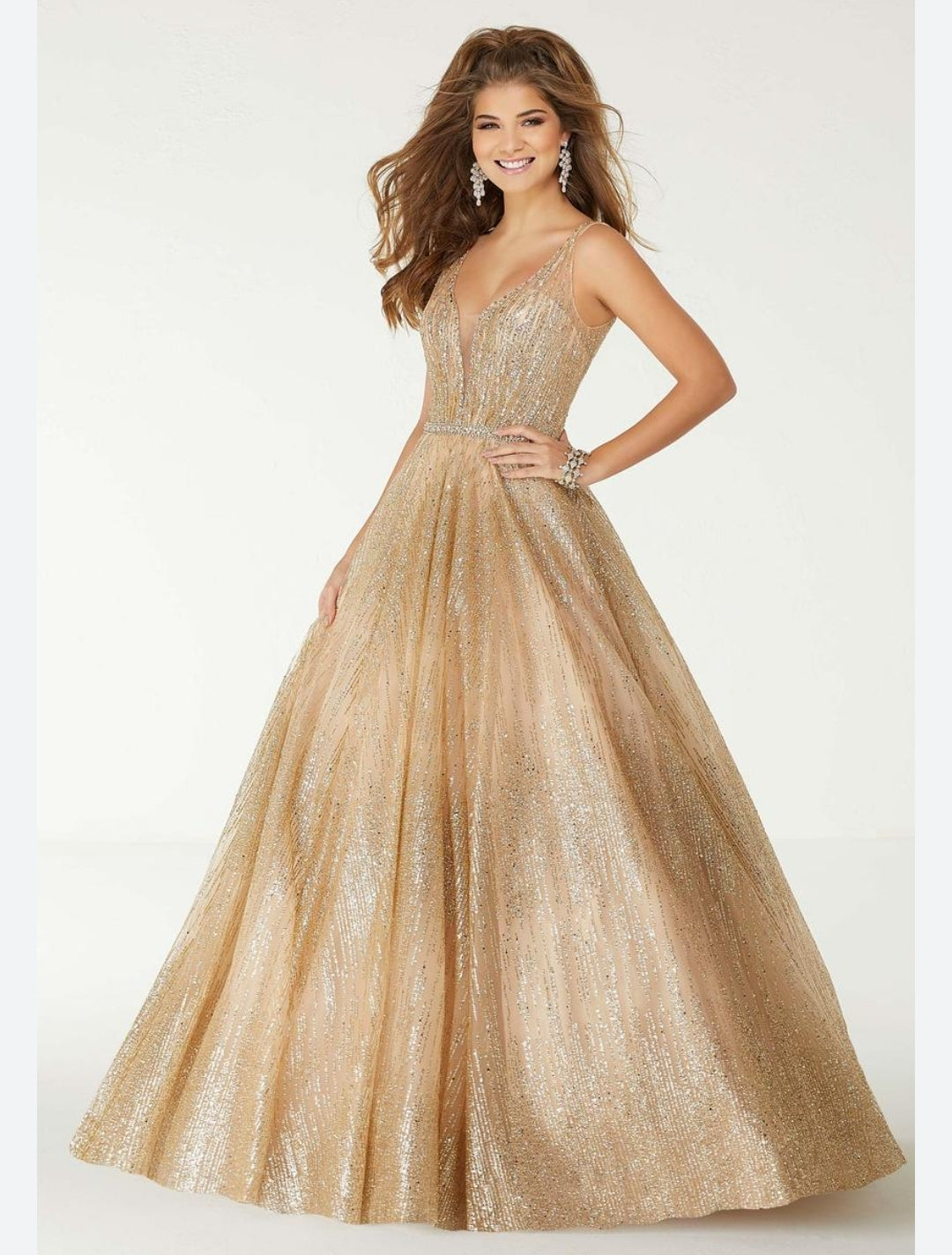Mori Lee Gold Crystal Glitter Prom Grad Gown Size XS