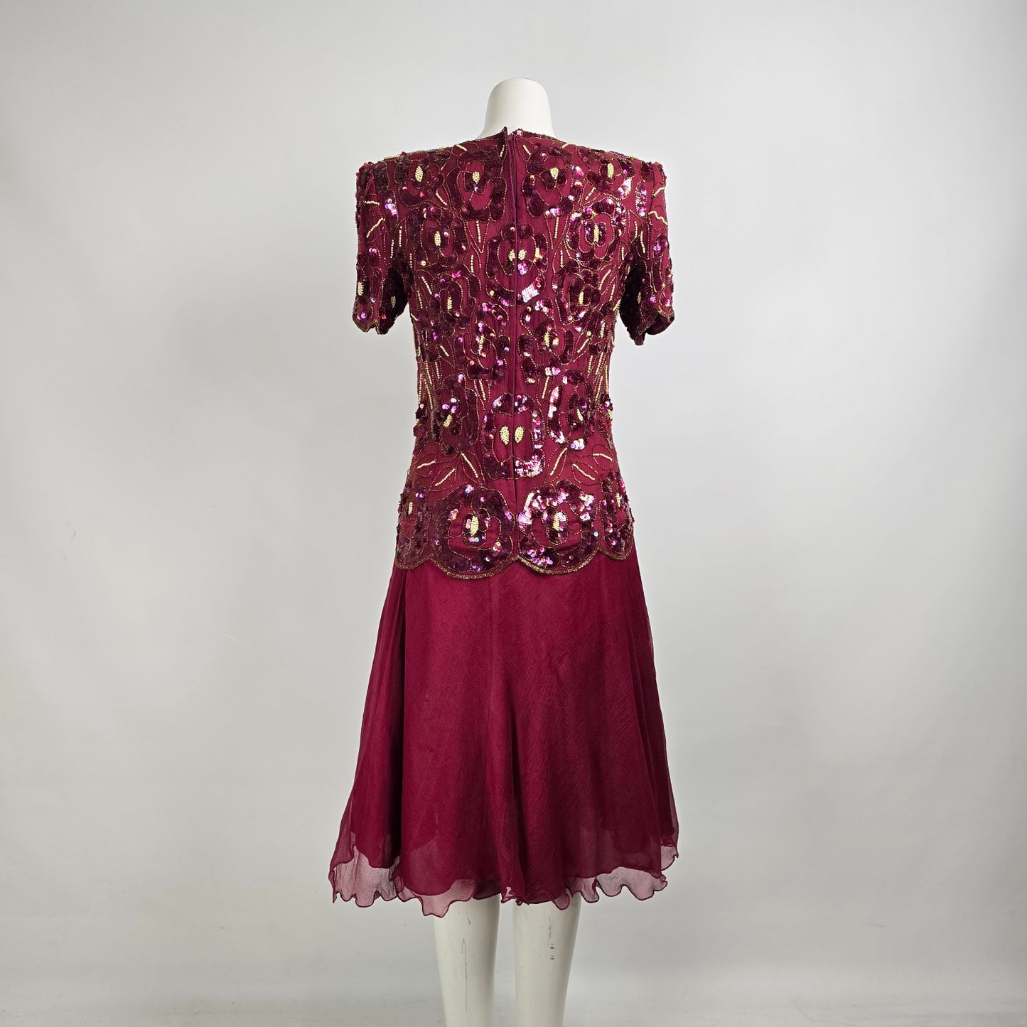 Vintage Silk Burgundy Beaded Sequined Midi Dress Size M