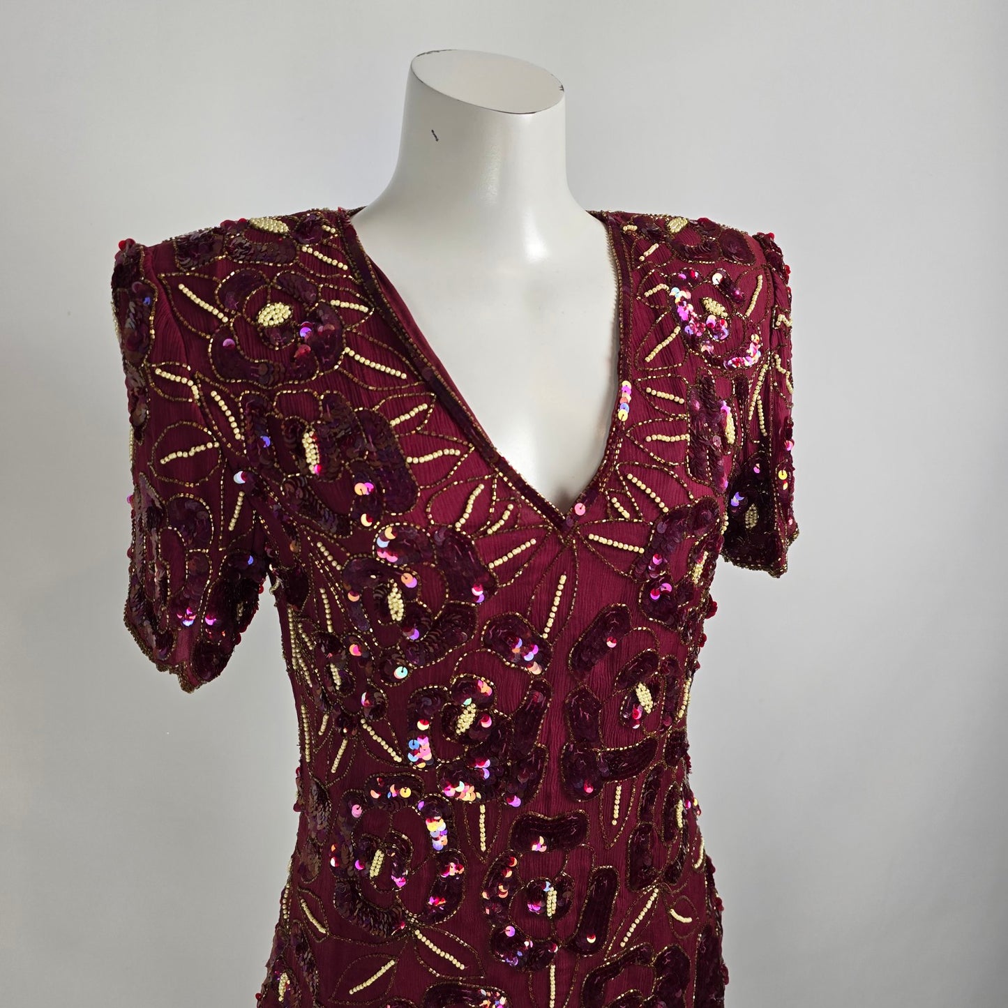 Vintage Silk Burgundy Beaded Sequined Midi Dress Size M