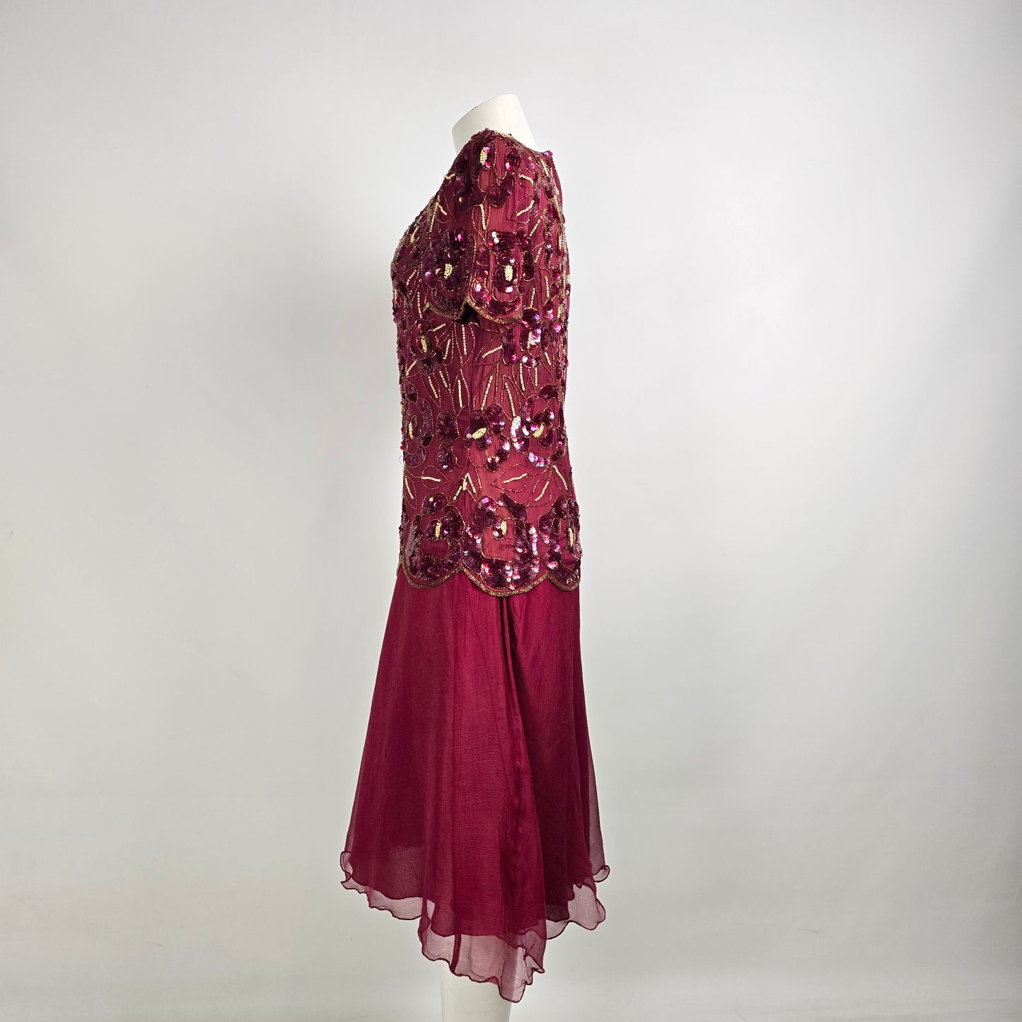 Vintage Silk Burgundy Beaded Sequined Midi Dress Size M