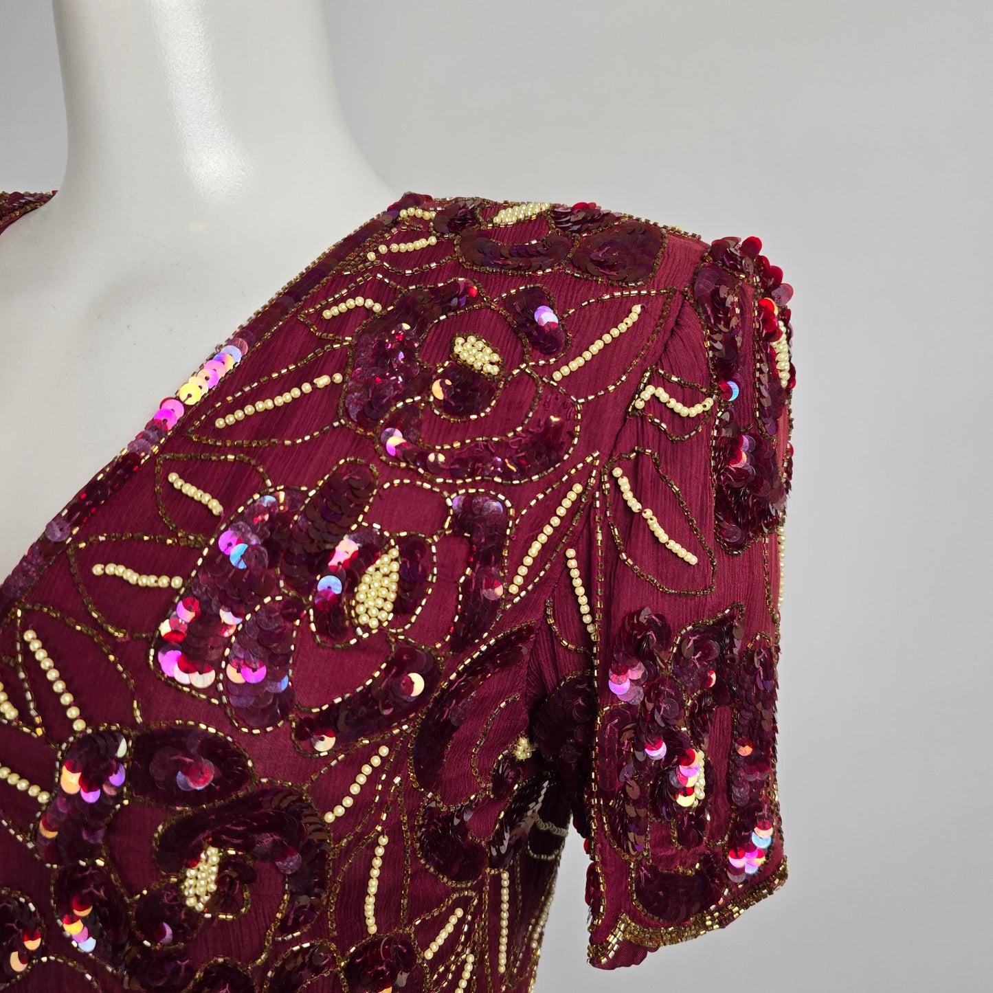 Vintage Silk Burgundy Beaded Sequined Midi Dress Size M