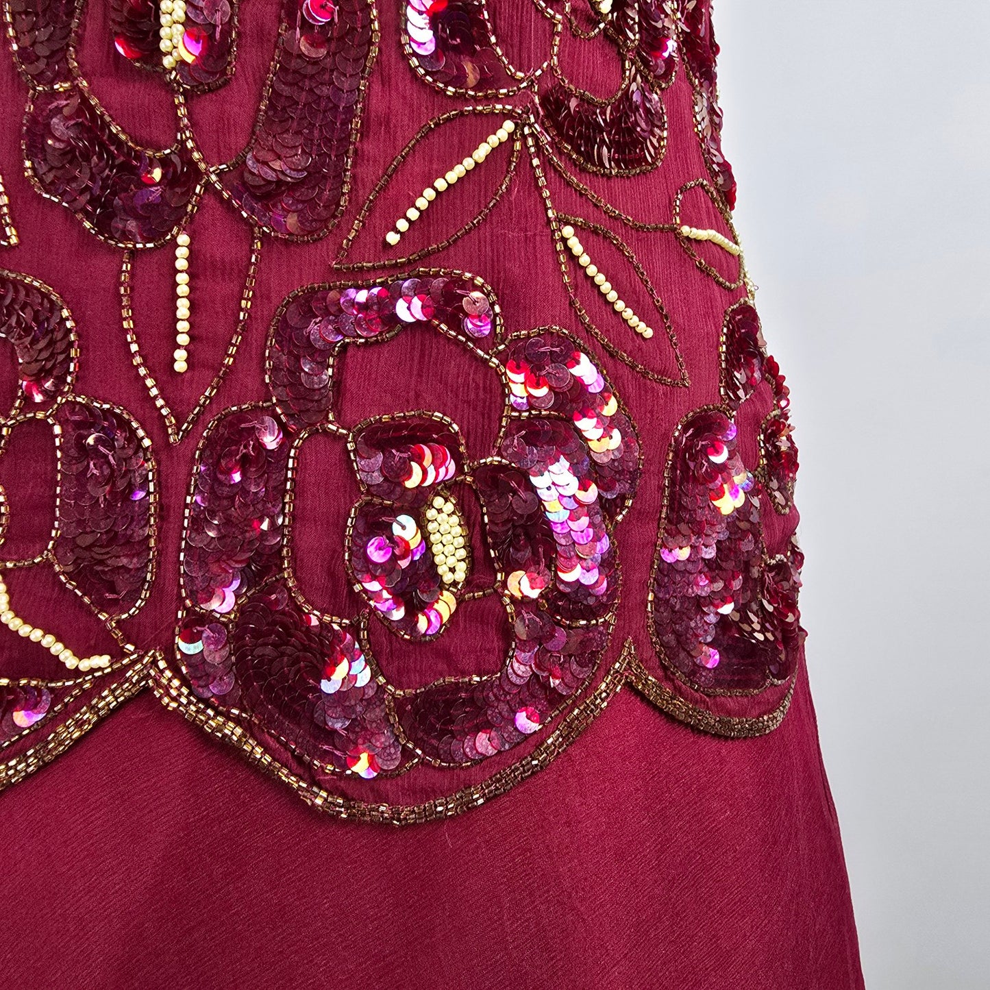 Vintage Silk Burgundy Beaded Sequined Midi Dress Size M