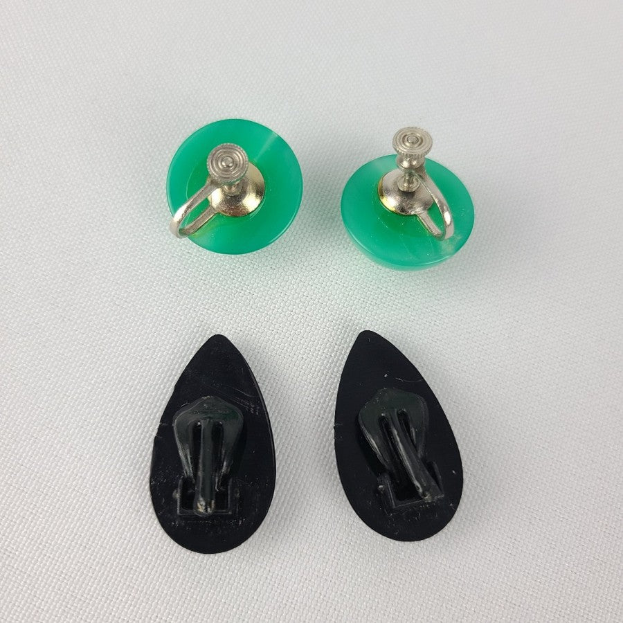 Vintage Green & Black Clip On Screw Back Earrings