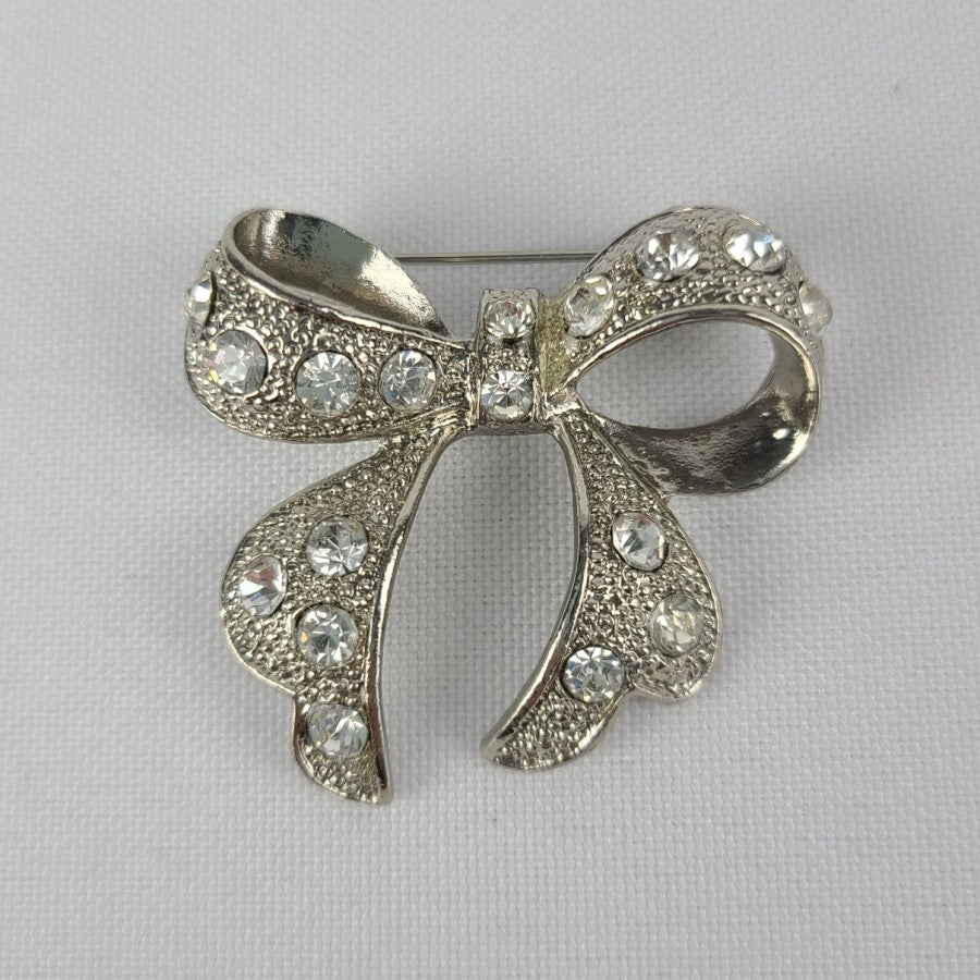 Silver Rhinestone Bow Brooch