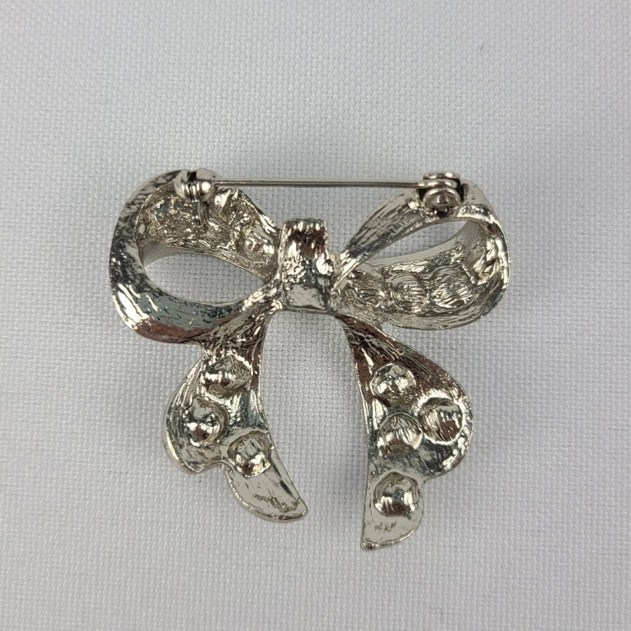 Silver Rhinestone Bow Brooch