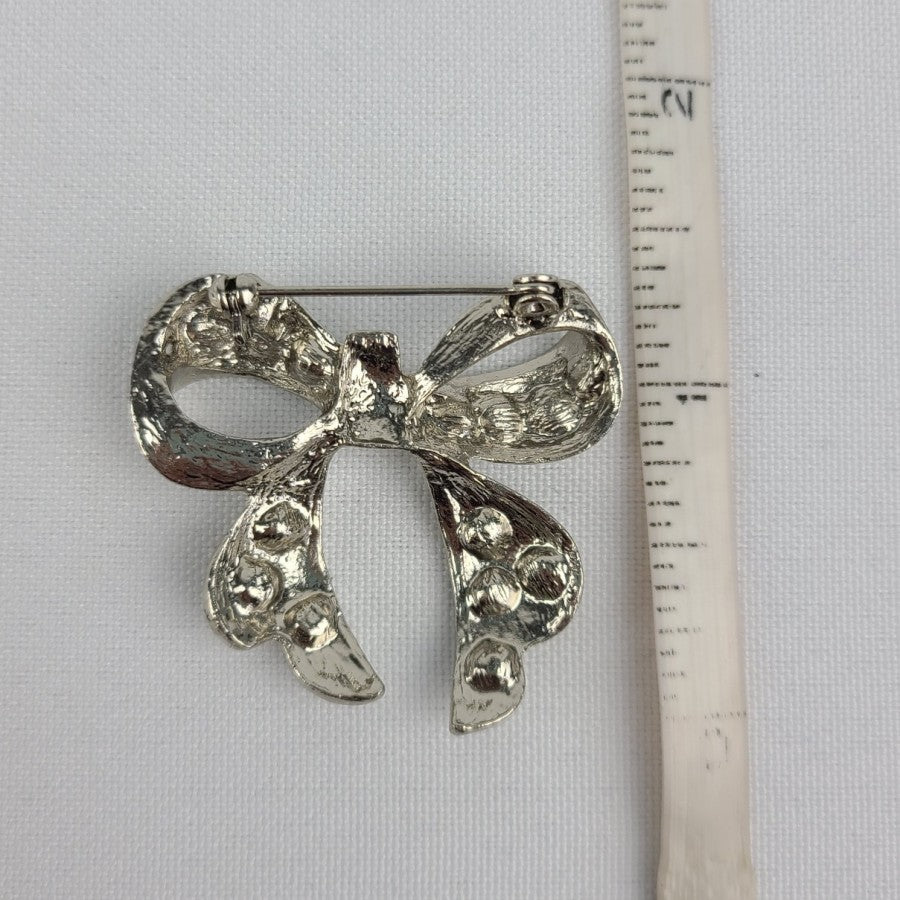 Silver Rhinestone Bow Brooch