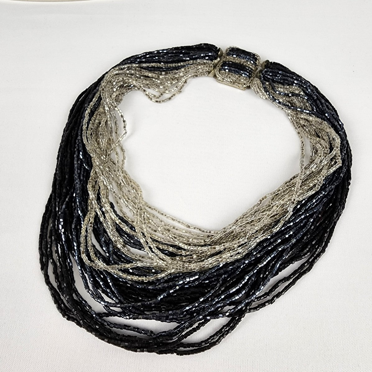 Vintage Metallic Black Blue & Silver Layered Necklace Statement Beaded