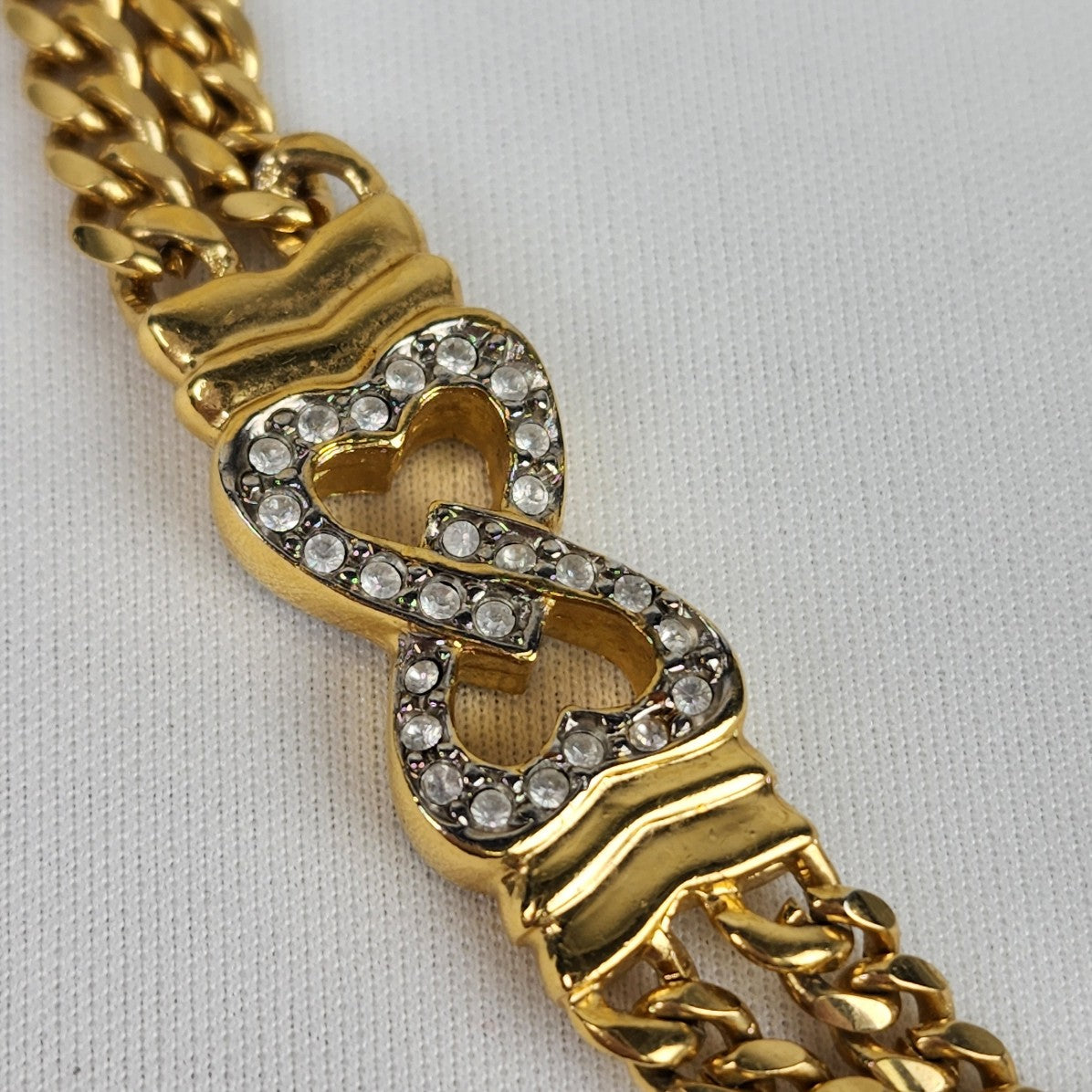Gold Tone Chain Heart Rhinestone Long Necklace