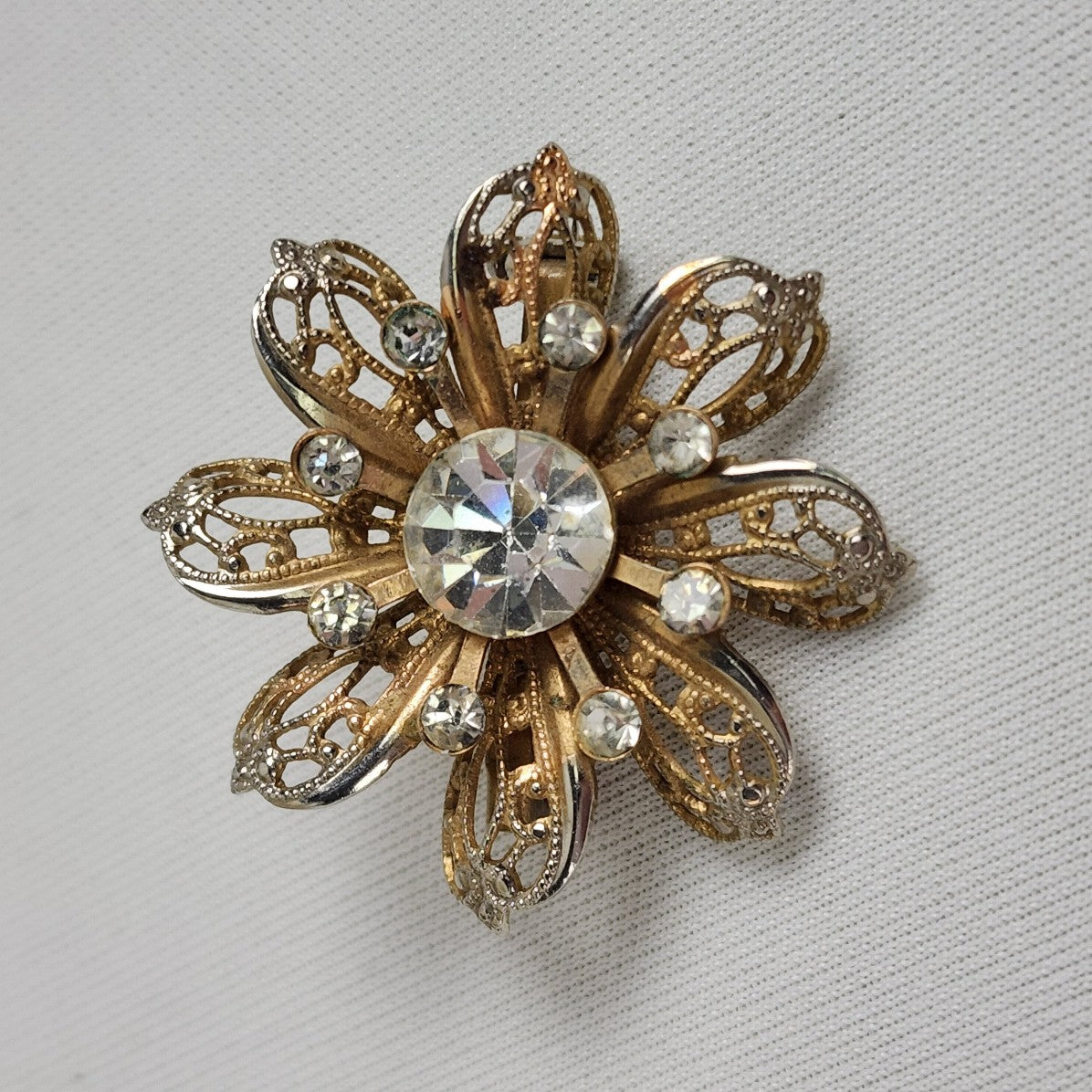 Vintage Crystal Flower Brooch Silver & Gold Tone
