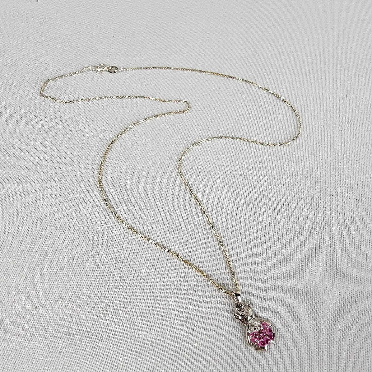 925 Sterling Silver Pink Teddy Bear Box Chain Necklace
