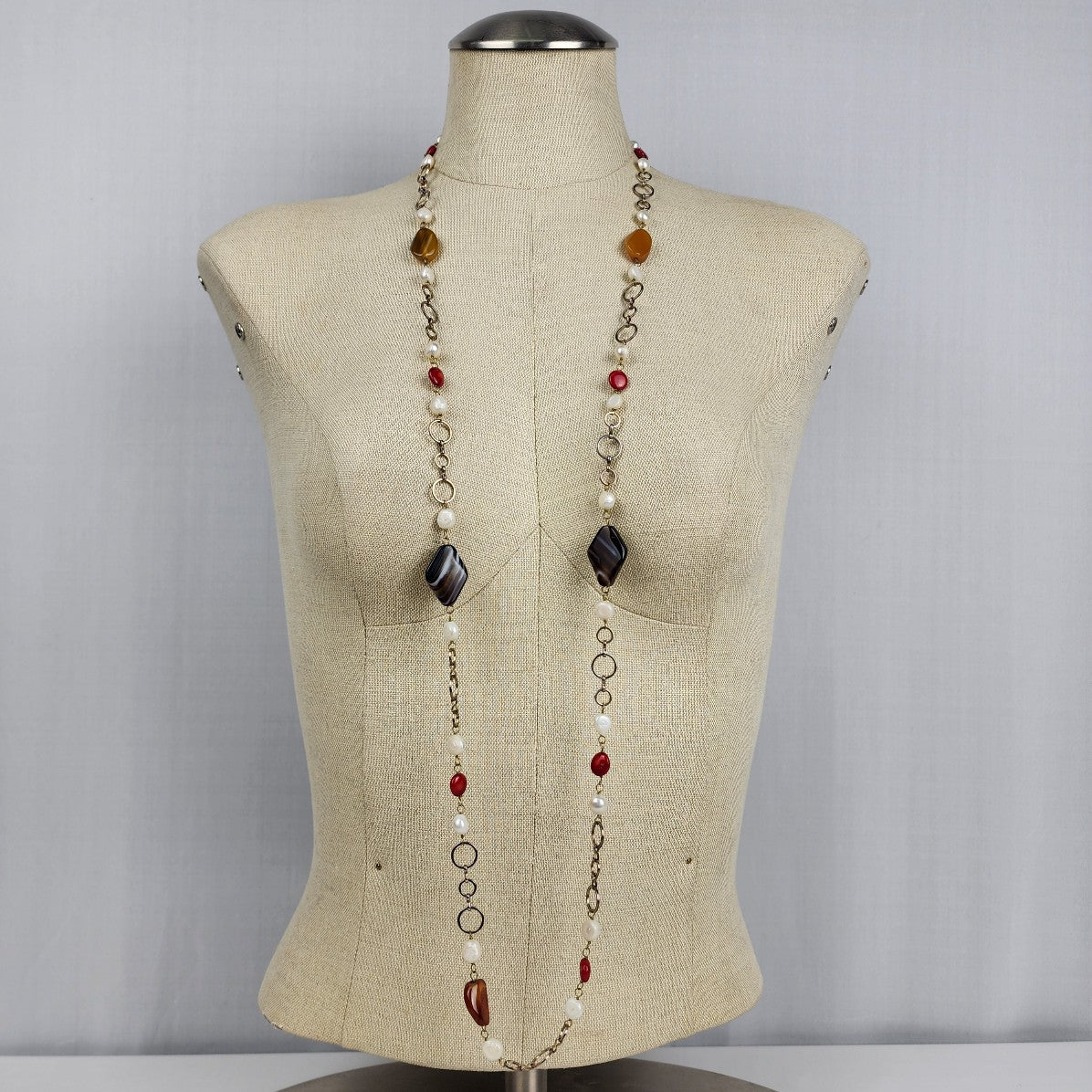 Natural Stone Faux Pearl Silver Link Long Necklace