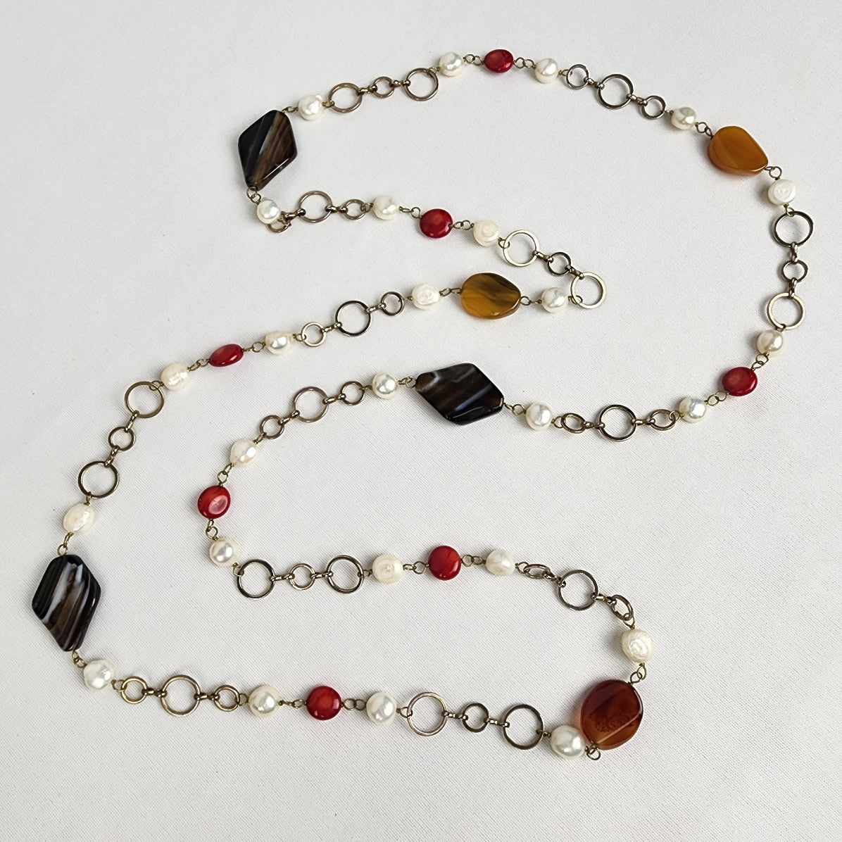 Natural Stone Faux Pearl Silver Link Long Necklace