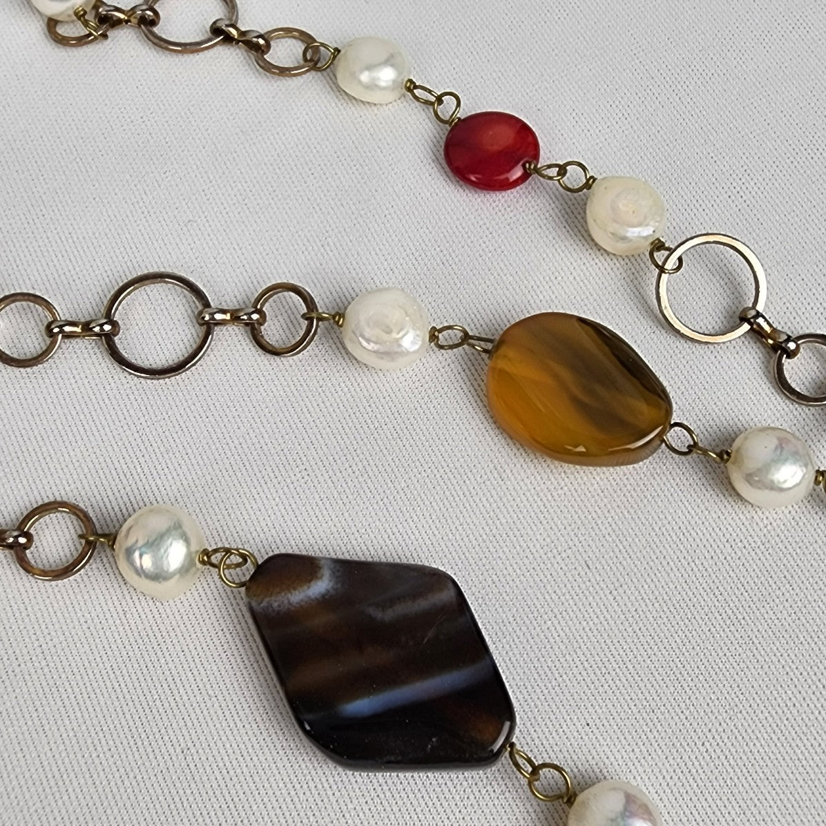 Natural Stone Faux Pearl Silver Link Long Necklace