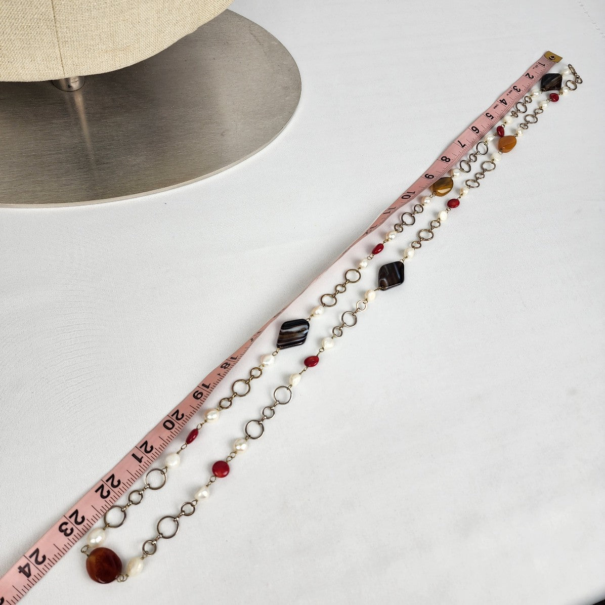 Natural Stone Faux Pearl Silver Link Long Necklace