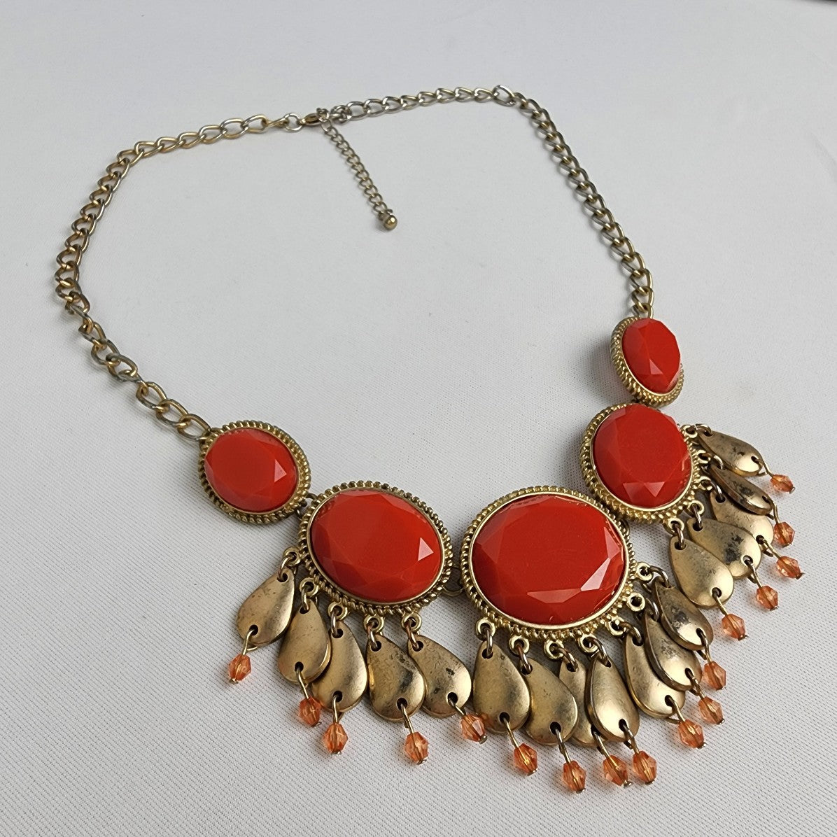 Gold Tone Red Dangle Statement Necklace