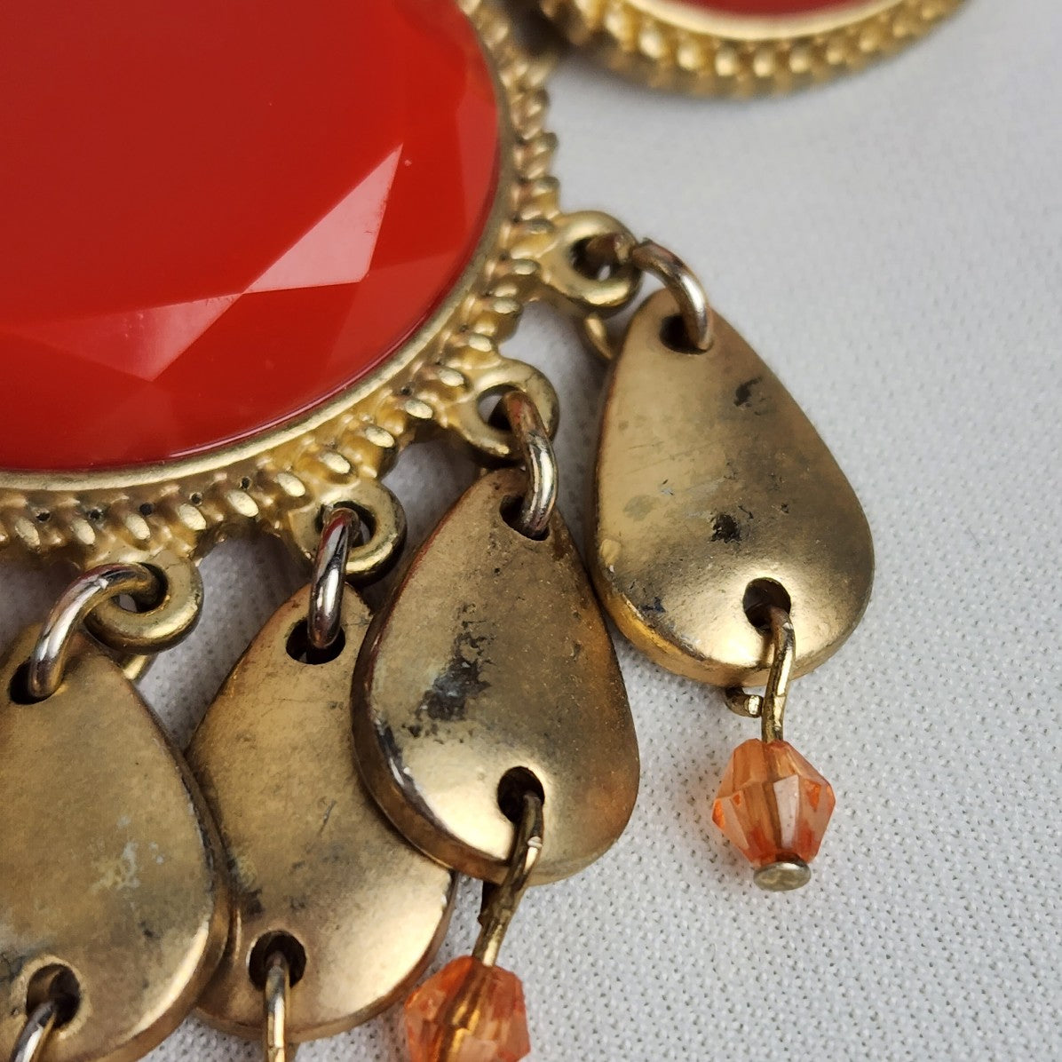 Gold Tone Red Dangle Statement Necklace