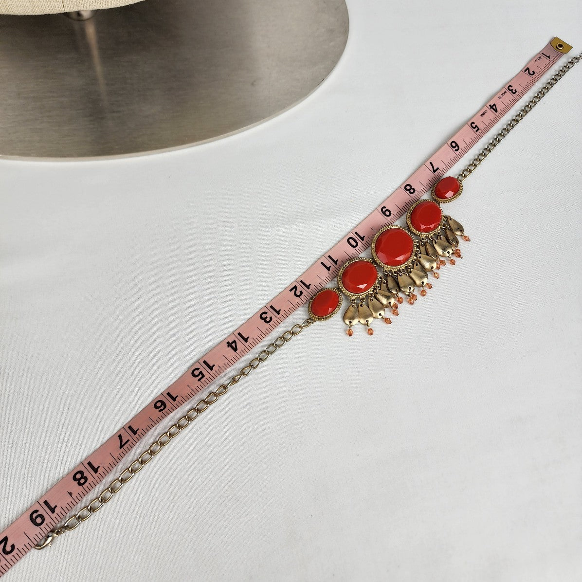 Gold Tone Red Dangle Statement Necklace