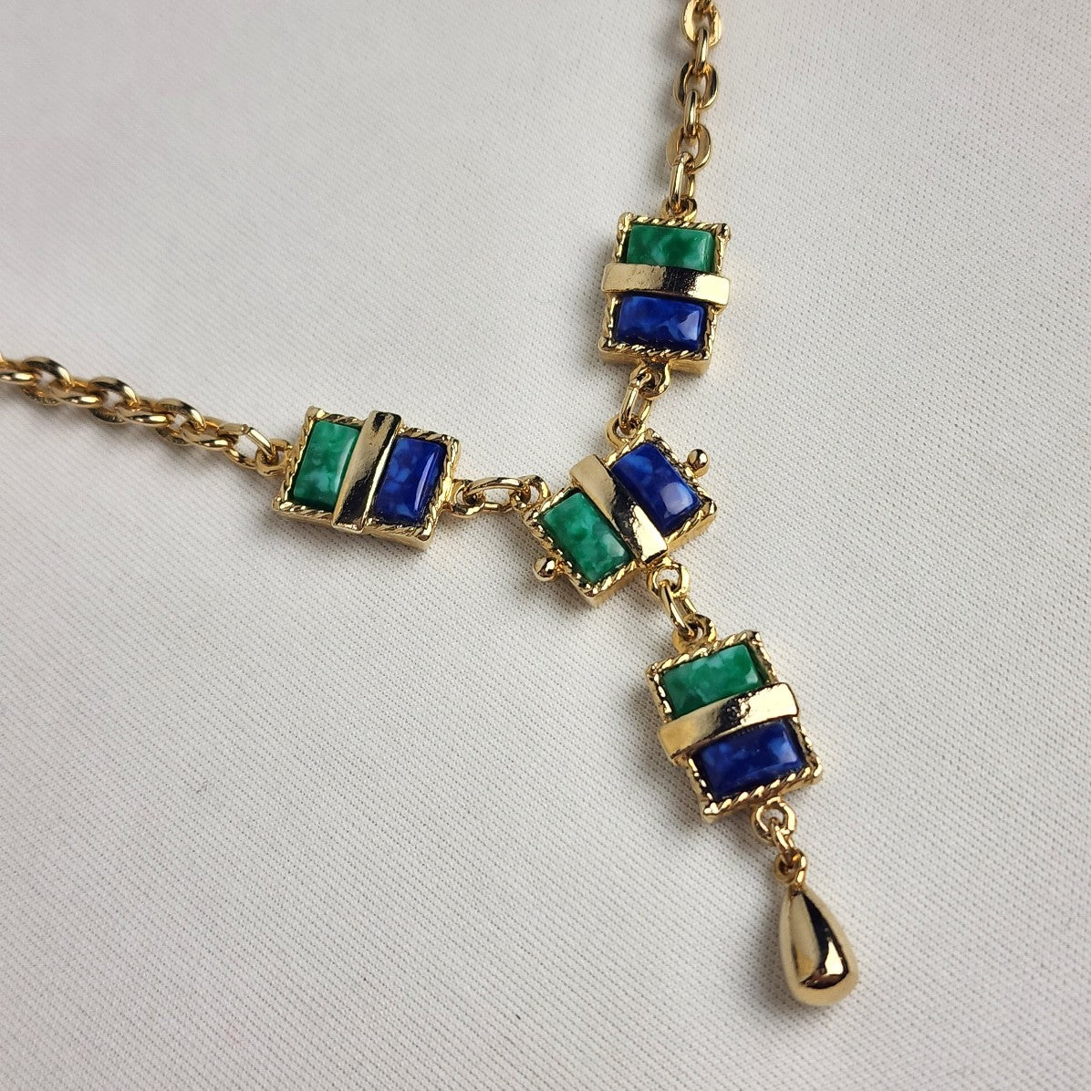 Vintage Sarah Coventry Blue & Green Stone Y Necklace