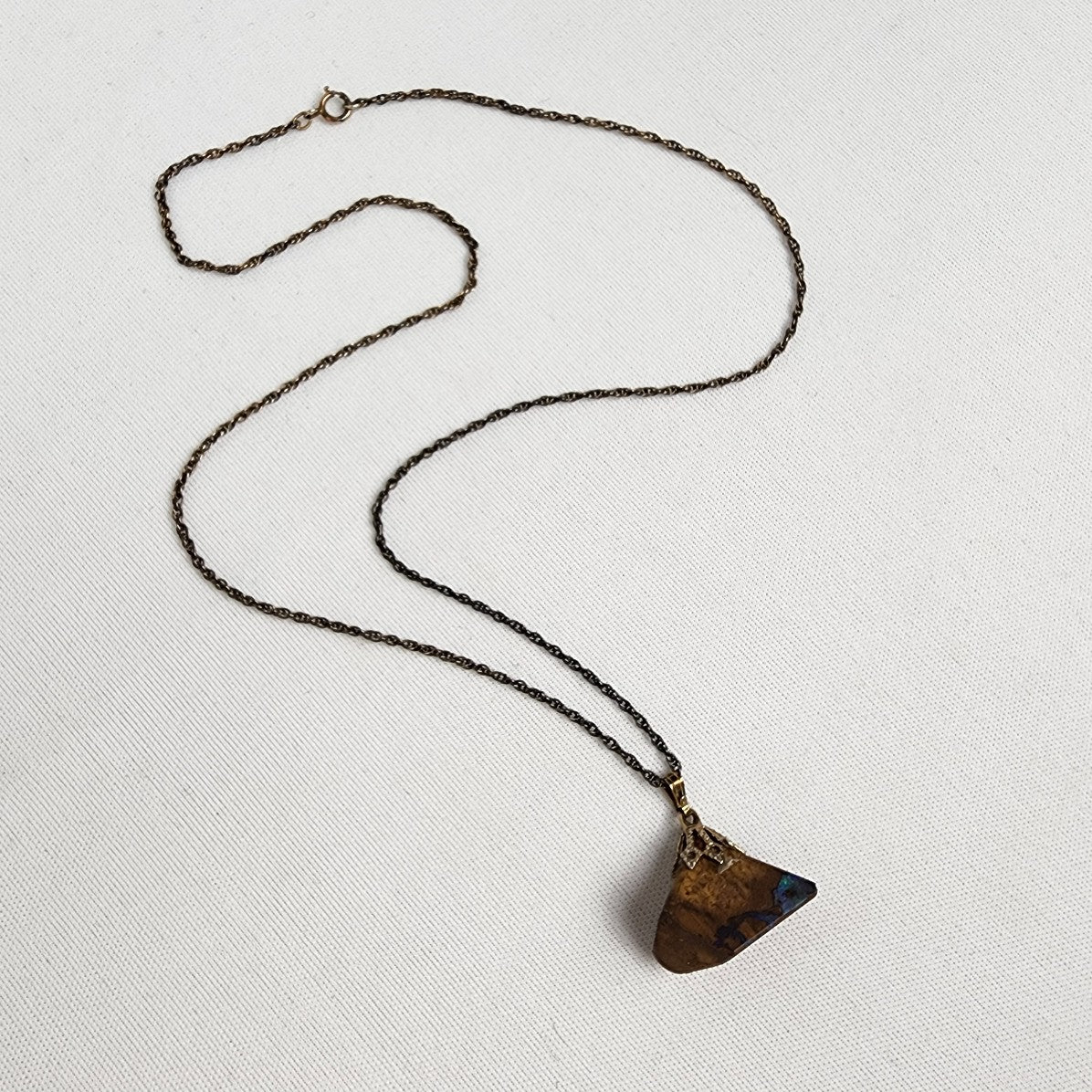 Vintage Natural Opal Brown Stone Pendant Black 925 Sterling Chain Necklace