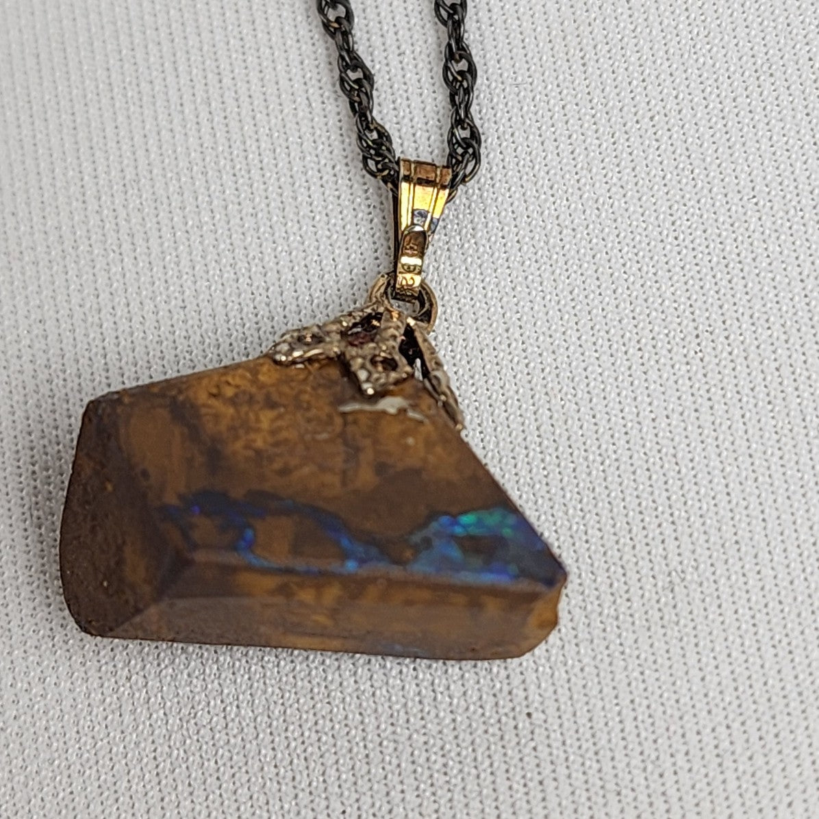 Vintage Natural Opal Brown Stone Pendant Black 925 Sterling Chain Necklace