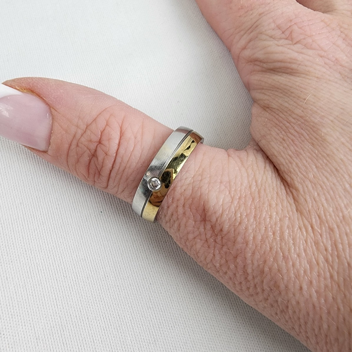 Stainless Steel Silver & Gold Tone Crystal Stud Ring