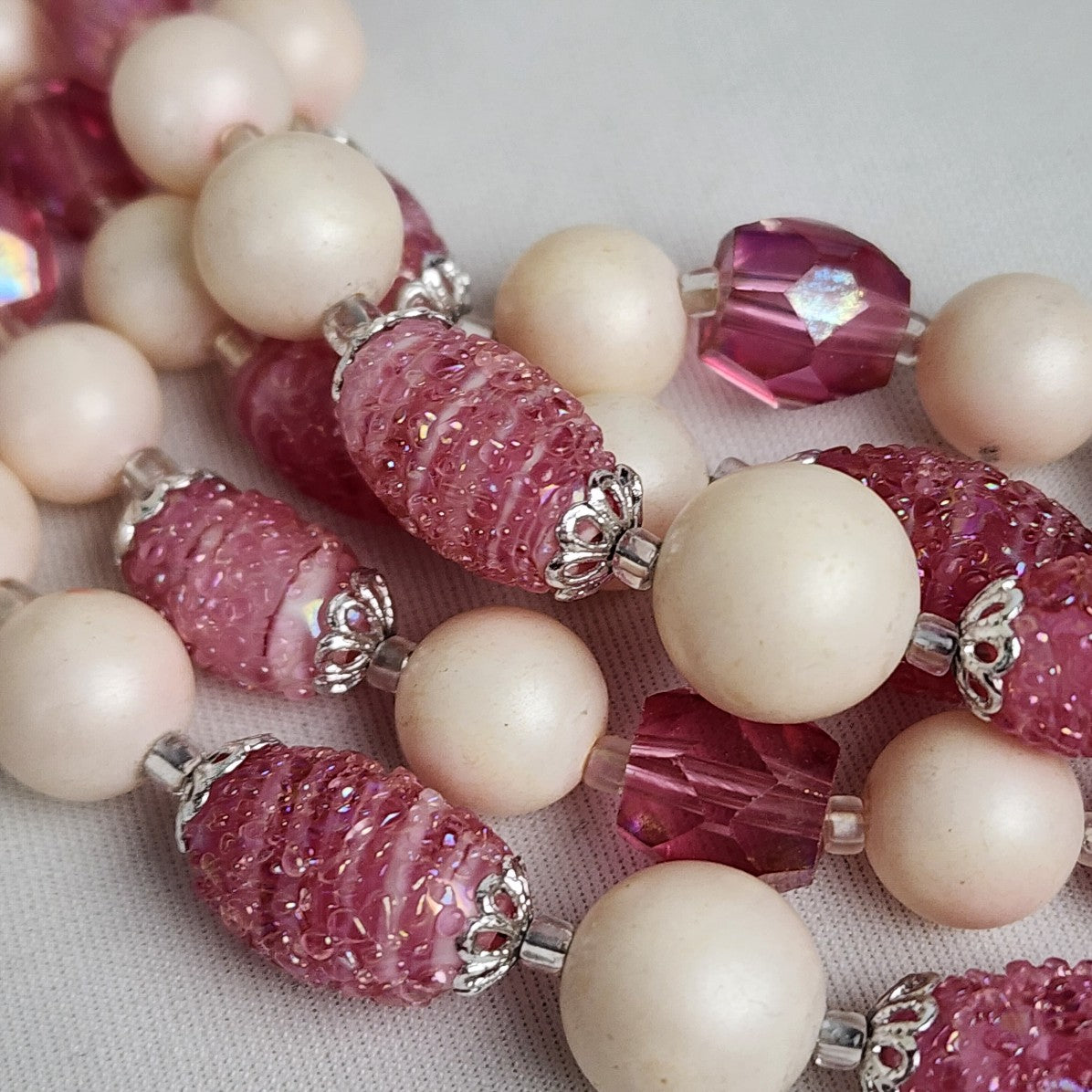 Vintage Pink & White Glass Beaded Layered Necklace