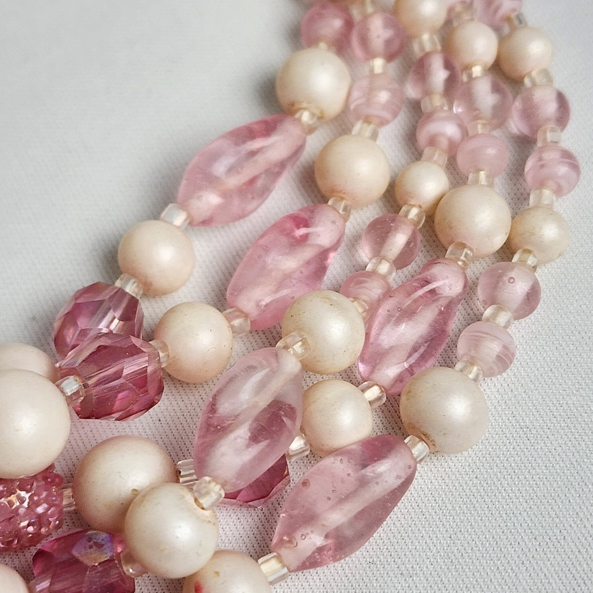 Vintage Pink & White Glass Beaded Layered Necklace