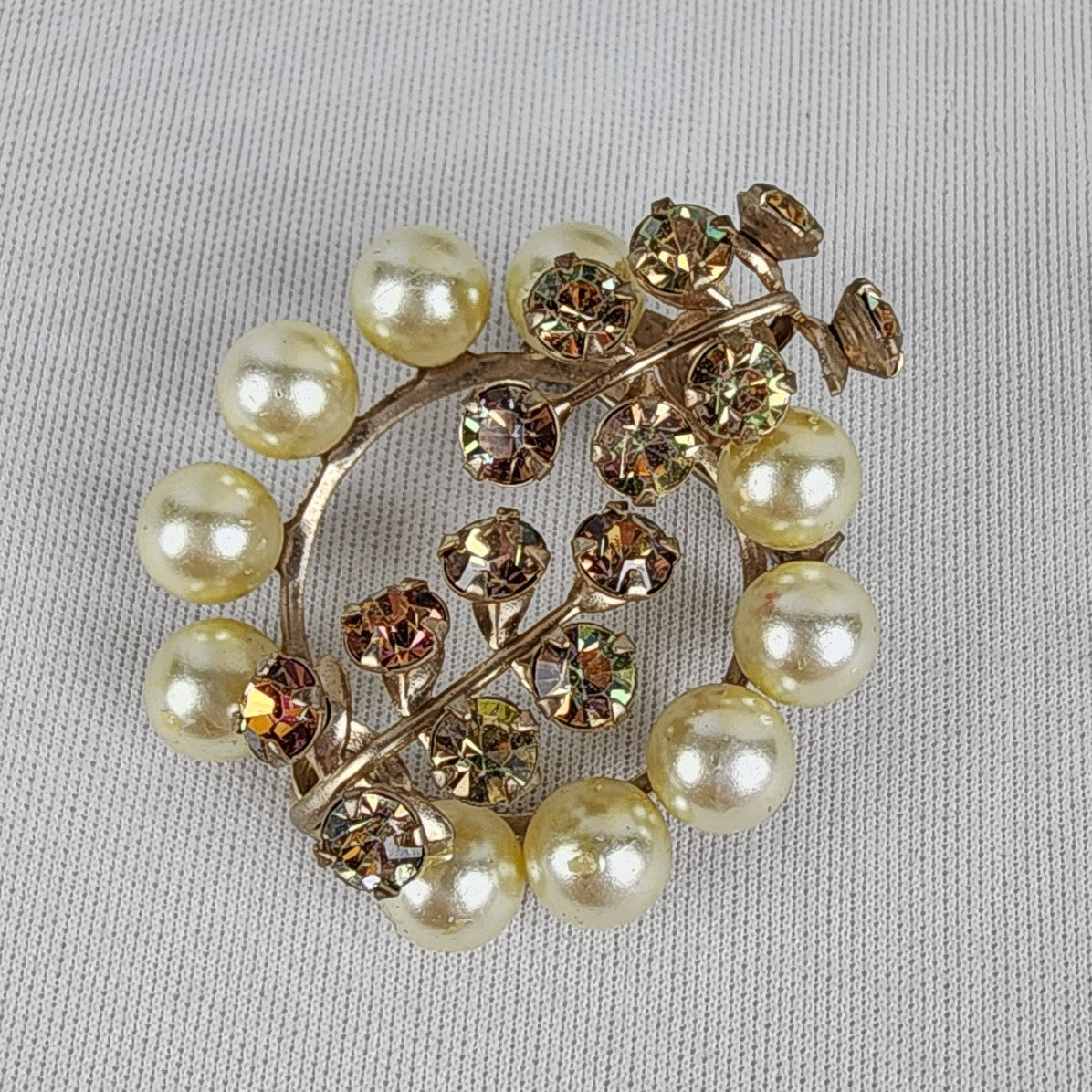 Vintage Gold Tone AB Rhinestones & Faux Pearl Brooch