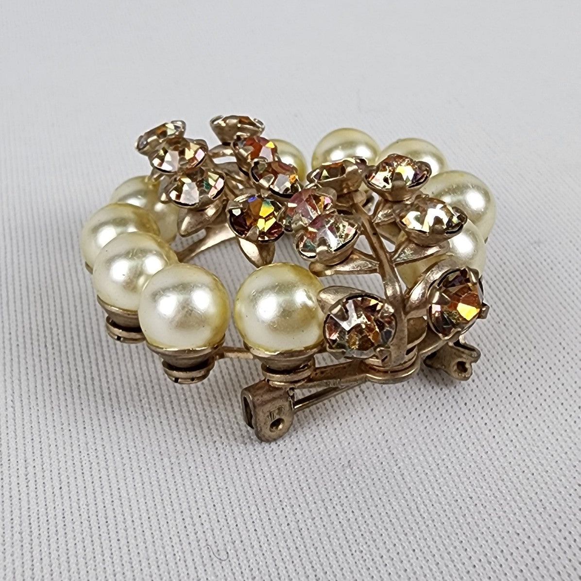 Vintage Gold Tone AB Rhinestones & Faux Pearl Brooch