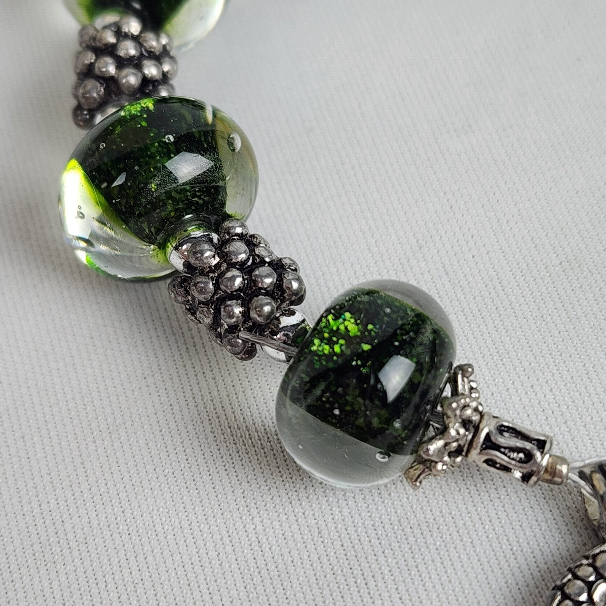 Silver Tone Green Glass Beaded Bracelet
