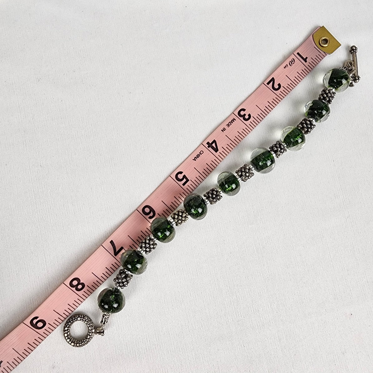 Silver Tone Green Glass Beaded Bracelet