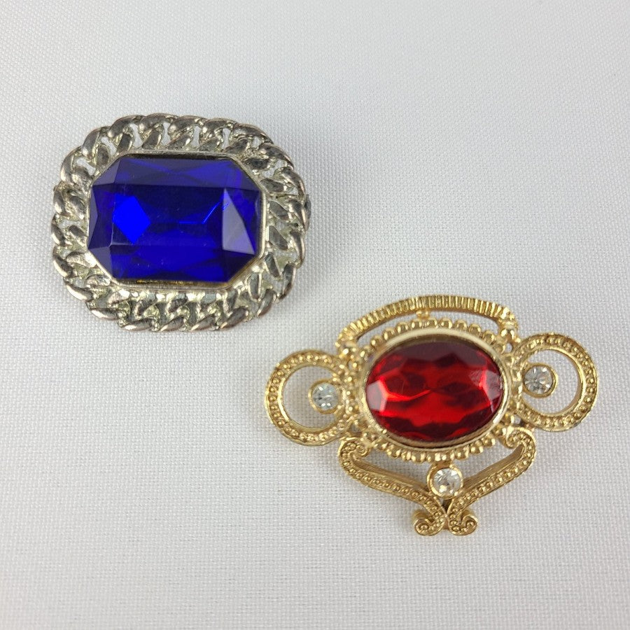 Blue & Red Faceted Brooches 2 Pc Set