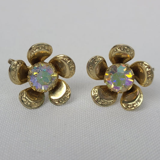 Vintage Gold Tone Aurora Borealis Flower Earrings Screw Back