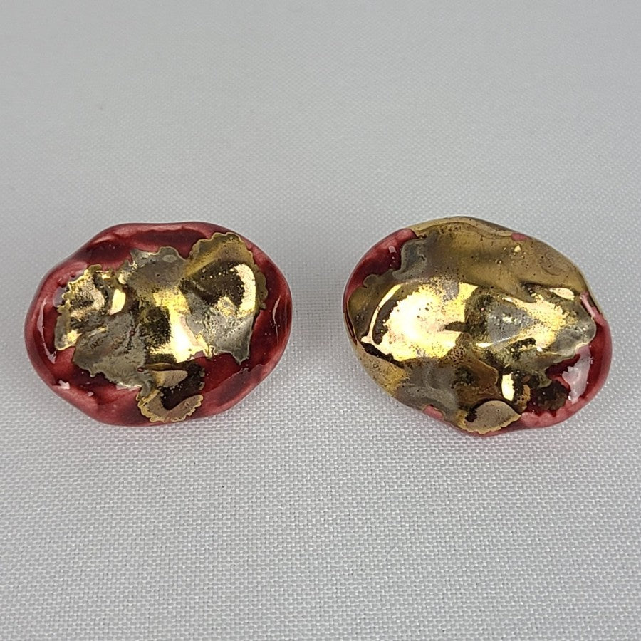 Vintage Pink & Gold Ceramic Screw Back Clip On Earrings