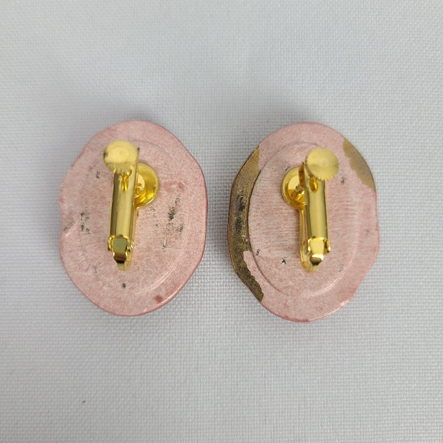 Vintage Pink & Gold Ceramic Screw Back Clip On Earrings