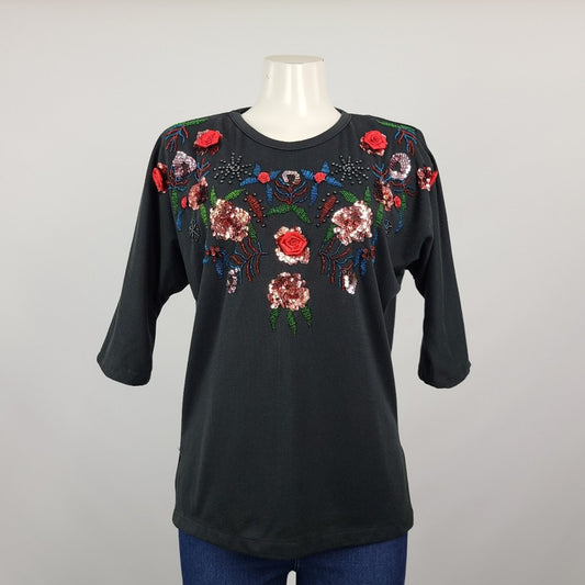 Vintage Flower Beaded Black Dolman Sleeve Top Size S/M